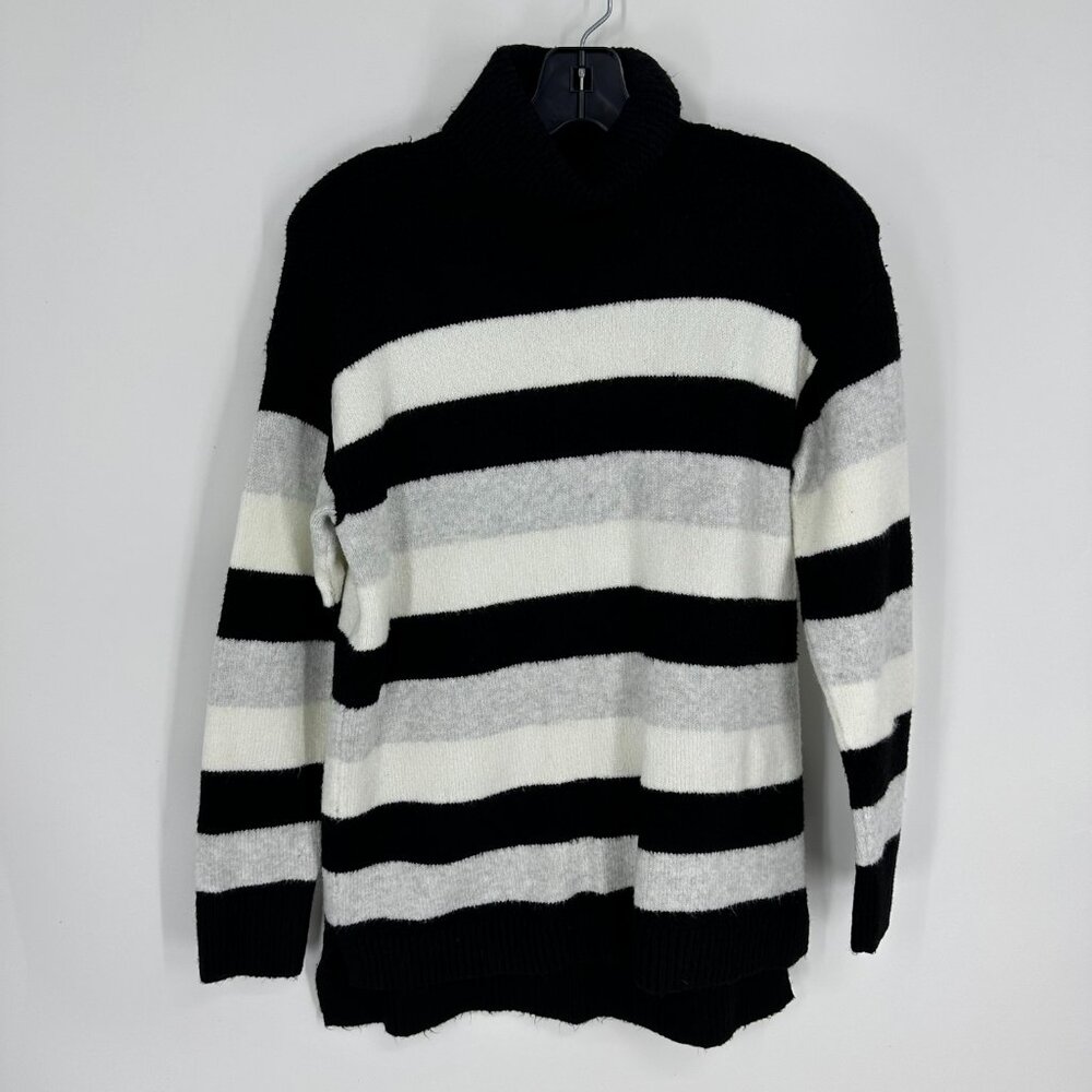 Talbots Striped Turtleneck Sweater Pullover Long Tunic Length Relaxed Black Gray